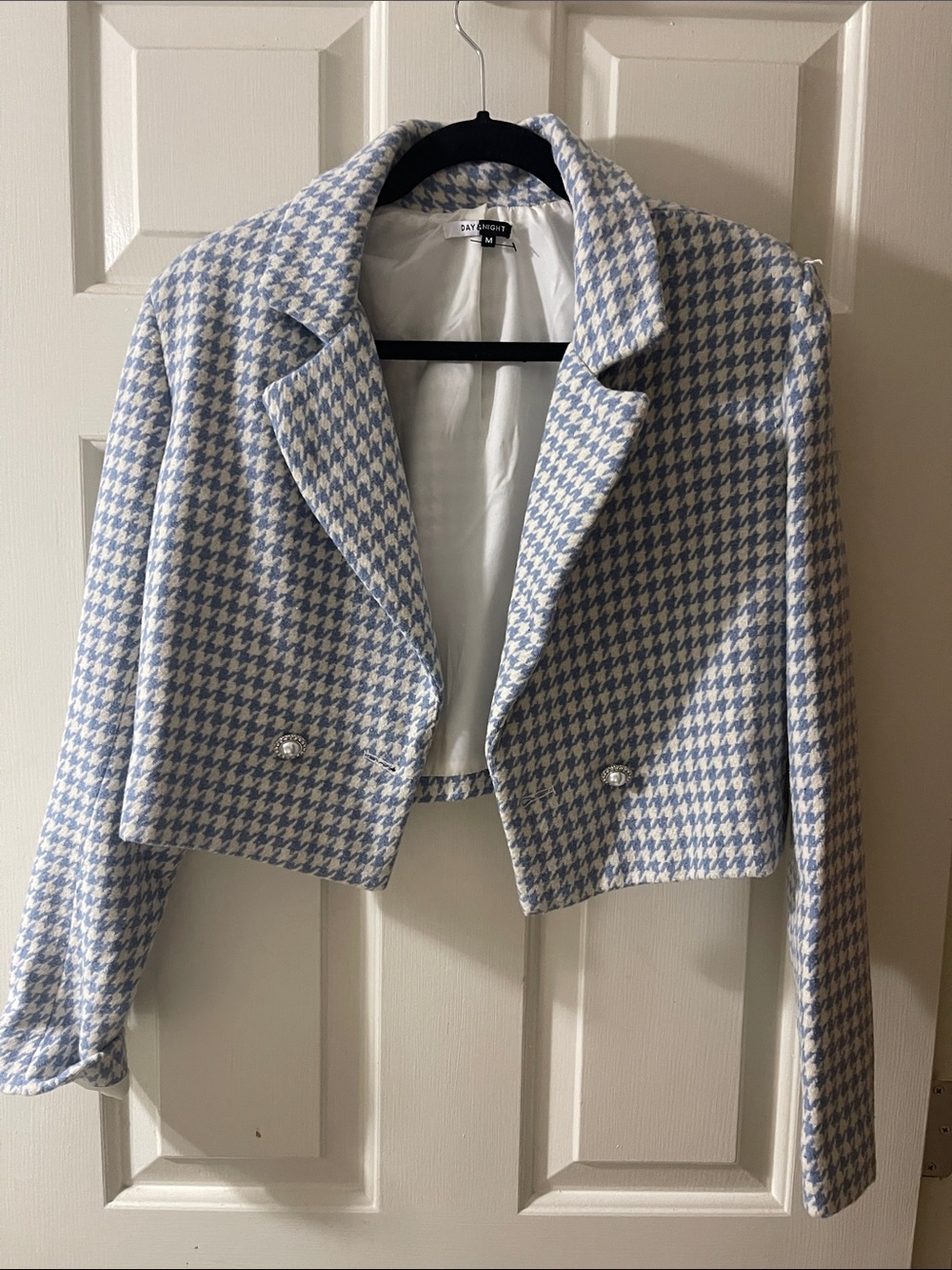 Cropped Houndstooth Blazer Jacket in Light Blue and White